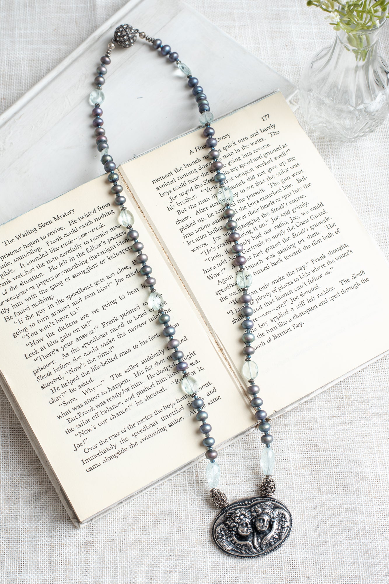 Art Nouveau Cherub Silver Pendant with Peacock Blue Freshwater Pearls and Aquamarine Freeform Beaded Necklace