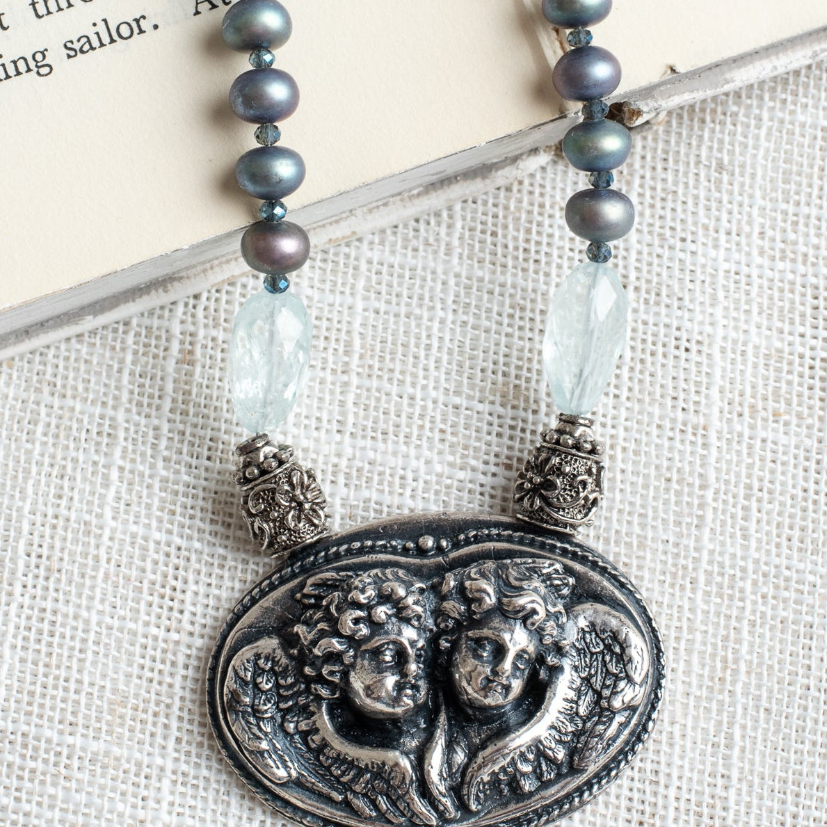 Peacock Blue Freshwater Pearl, Aquamarine & Art Nouveau Cherub Long Necklace