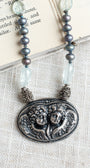 Art Nouveau Cherub Silver Pendant with Peacock Blue Freshwater Pearls and Aquamarine Freeform Beaded Necklace