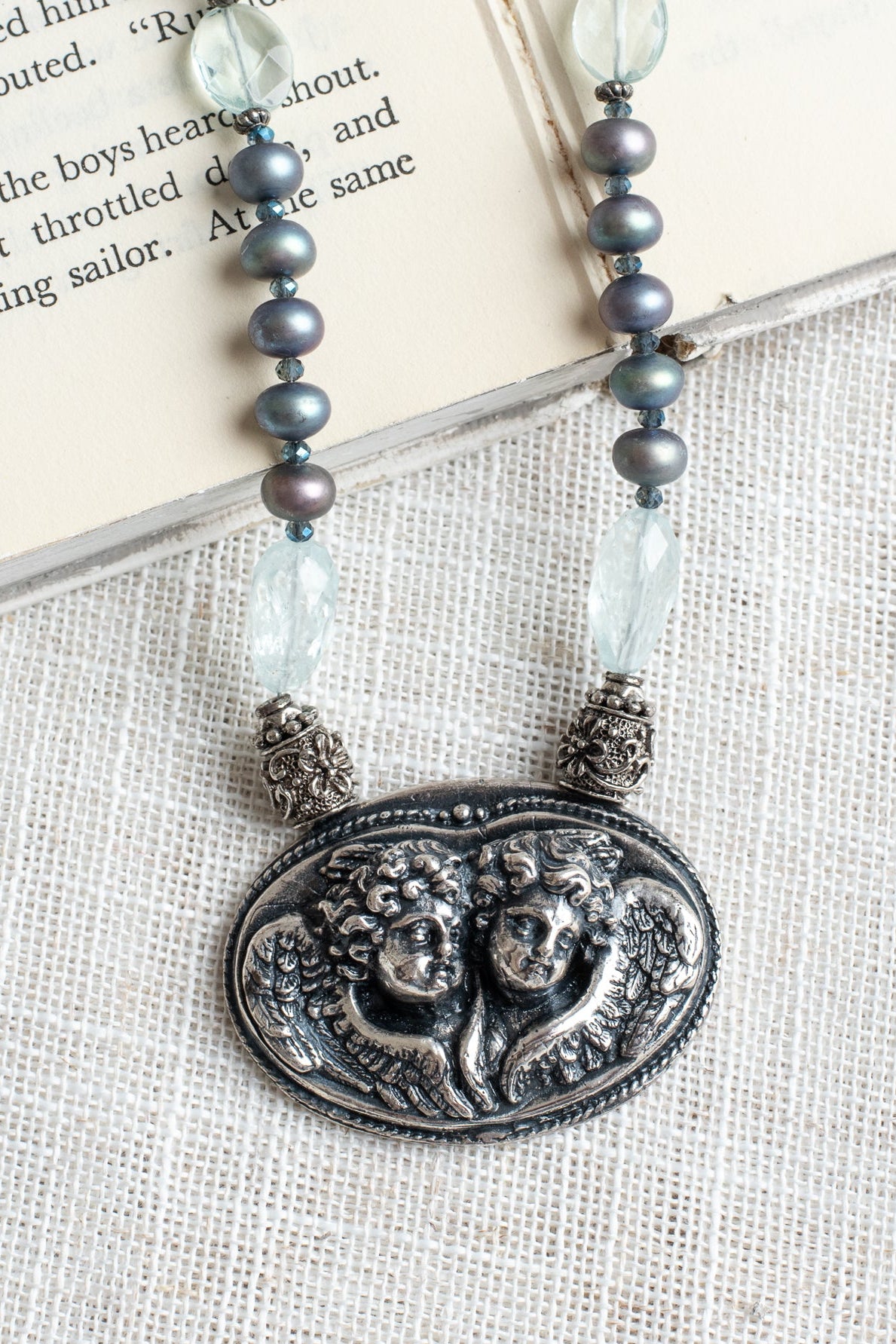 Art Nouveau Cherub Silver Pendant with Peacock Blue Freshwater Pearls and Aquamarine Freeform Beaded Necklace