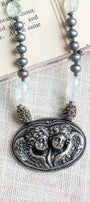 Peacock Blue Freshwater Pearl, Aquamarine & Art Nouveau Cherub Long Necklace