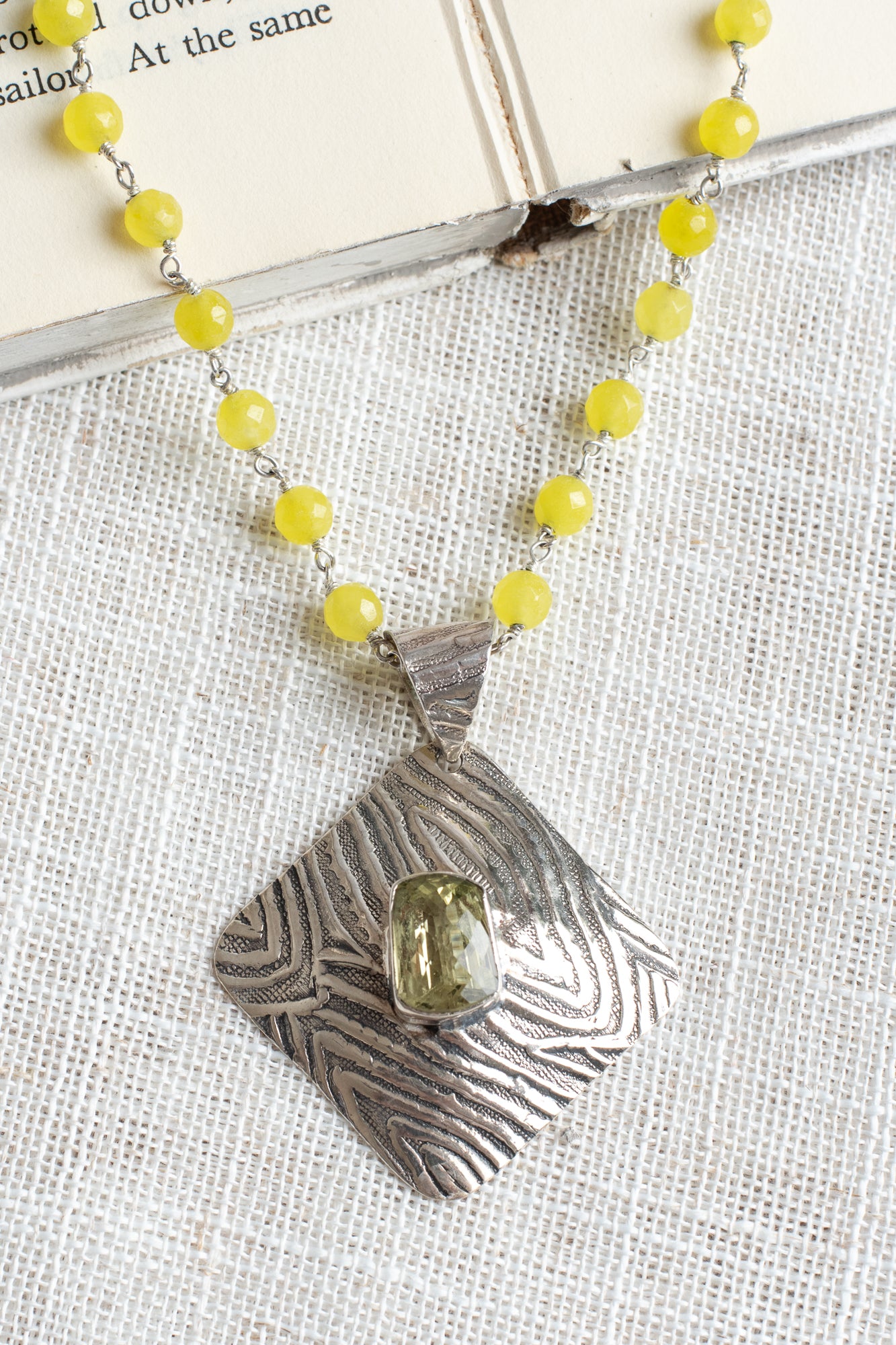 Vintage Citrine Pendant Necklace on Yellow Jade