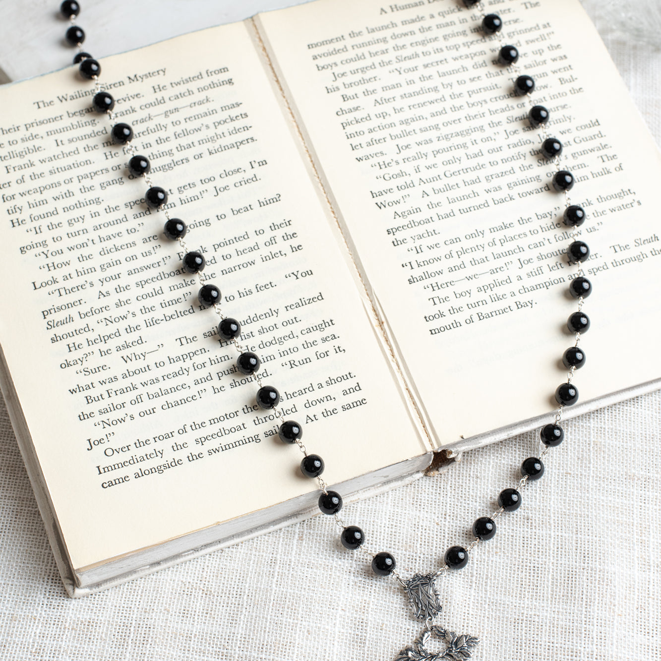 French Vintage Silver Plated Round and Filigree Pendant on a Black Onyx and Silver Rosary Chain Necklace