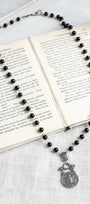 French Vintage Silver Plated Round and Filigree Pendant on a Black Onyx and Silver Rosary Chain Necklace