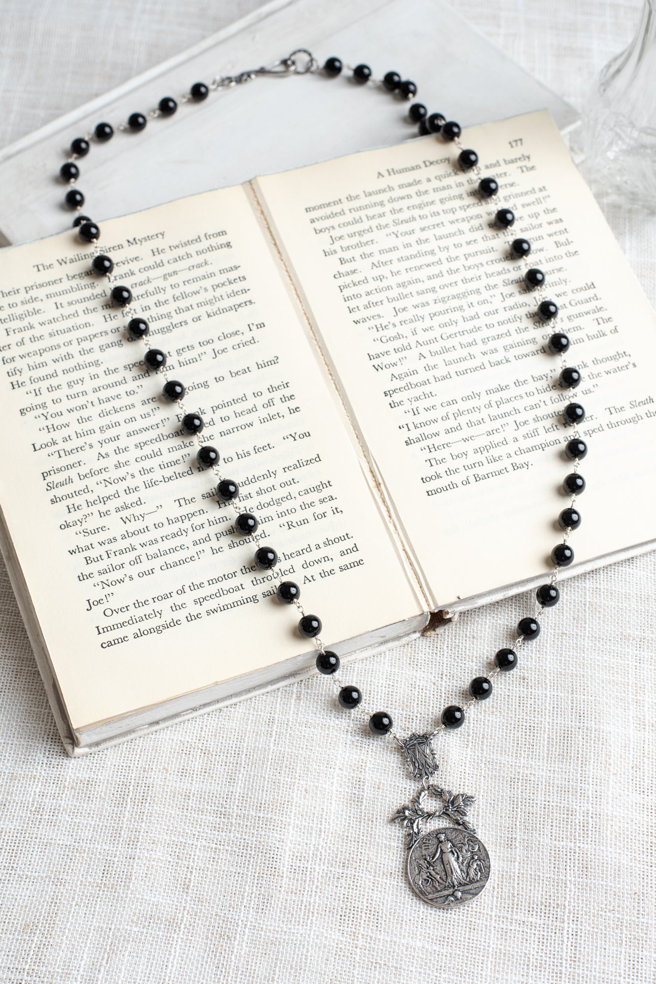 French Vintage Silver Plated Round and Filigree Pendant on a Black Onyx and Silver Rosary Chain Necklace