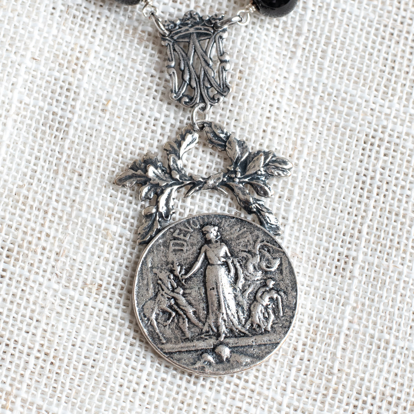 French République Française Pendant & Black Onyx Rosary Chain Necklace