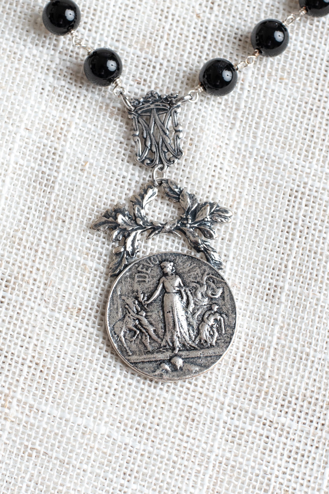 French Vintage Silver Plated Round and Filigree Pendant on a Black Onyx and Silver Rosary Chain Necklace