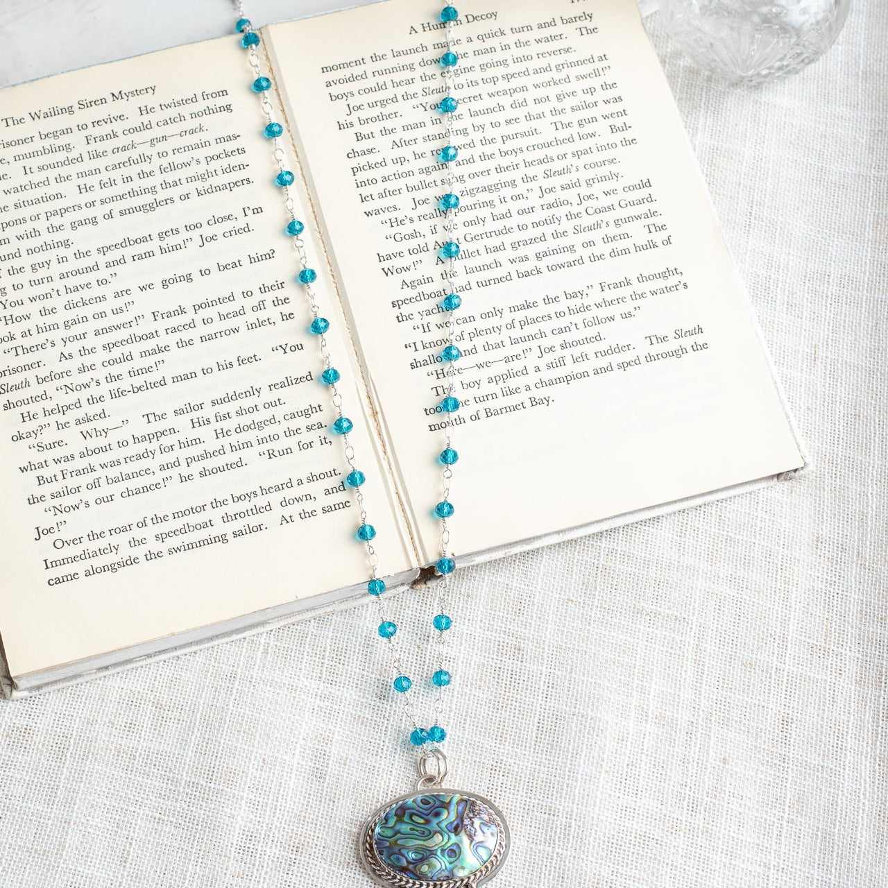 Sterling Silver Multicolor Abalone Pendant with Feather Drop on a Bright Turquoise Sterling Silver Rosary Chain Necklace