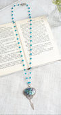 Sterling Silver Multicolor Abalone Pendant with Feather Drop on a Bright Turquoise Sterling Silver Rosary Chain Necklace