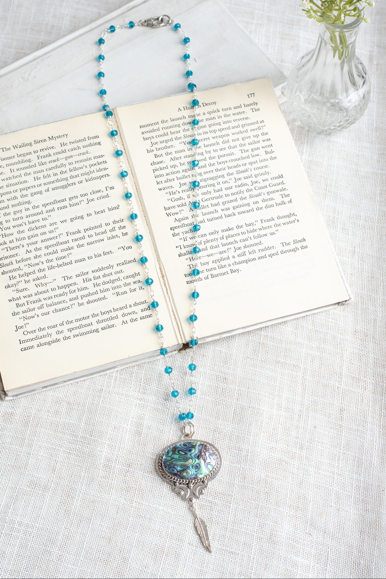 Sterling Silver Multicolor Abalone Pendant with Feather Drop on a Bright Turquoise Sterling Silver Rosary Chain Necklace