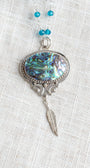 Sterling Silver Multicolor Abalone Pendant with Feather Drop on a Bright Turquoise Sterling Silver Rosary Chain Necklace