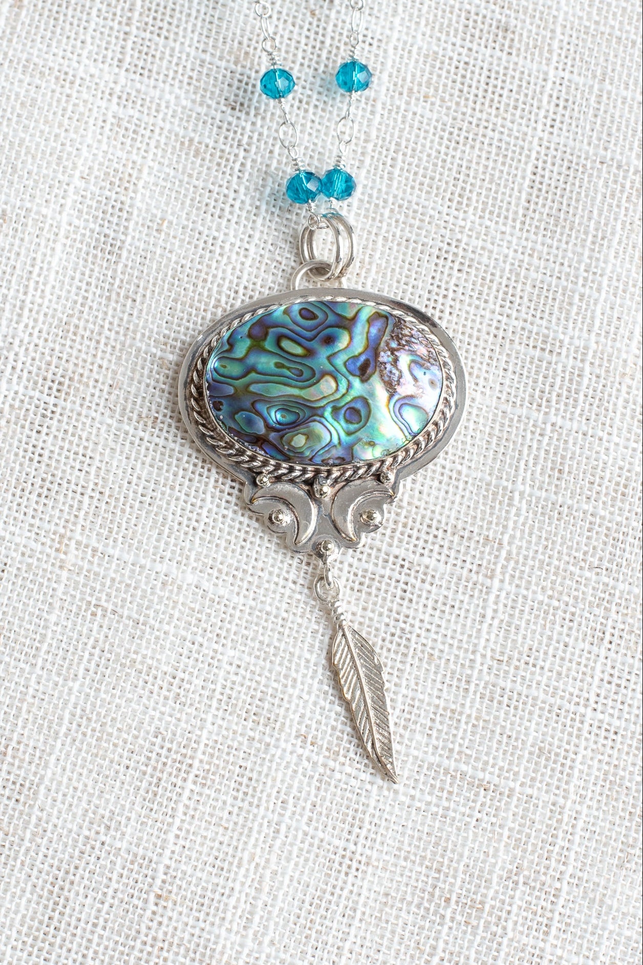 Sterling Silver Multicolor Abalone Pendant with Feather Drop on a Bright Turquoise Sterling Silver Rosary Chain Necklace