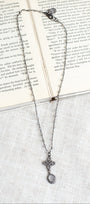 Pave Crystal Knot Cross and Drop Pendant in Gunmetal on Delicate Labradorite Rosary Bead Chain Necklace