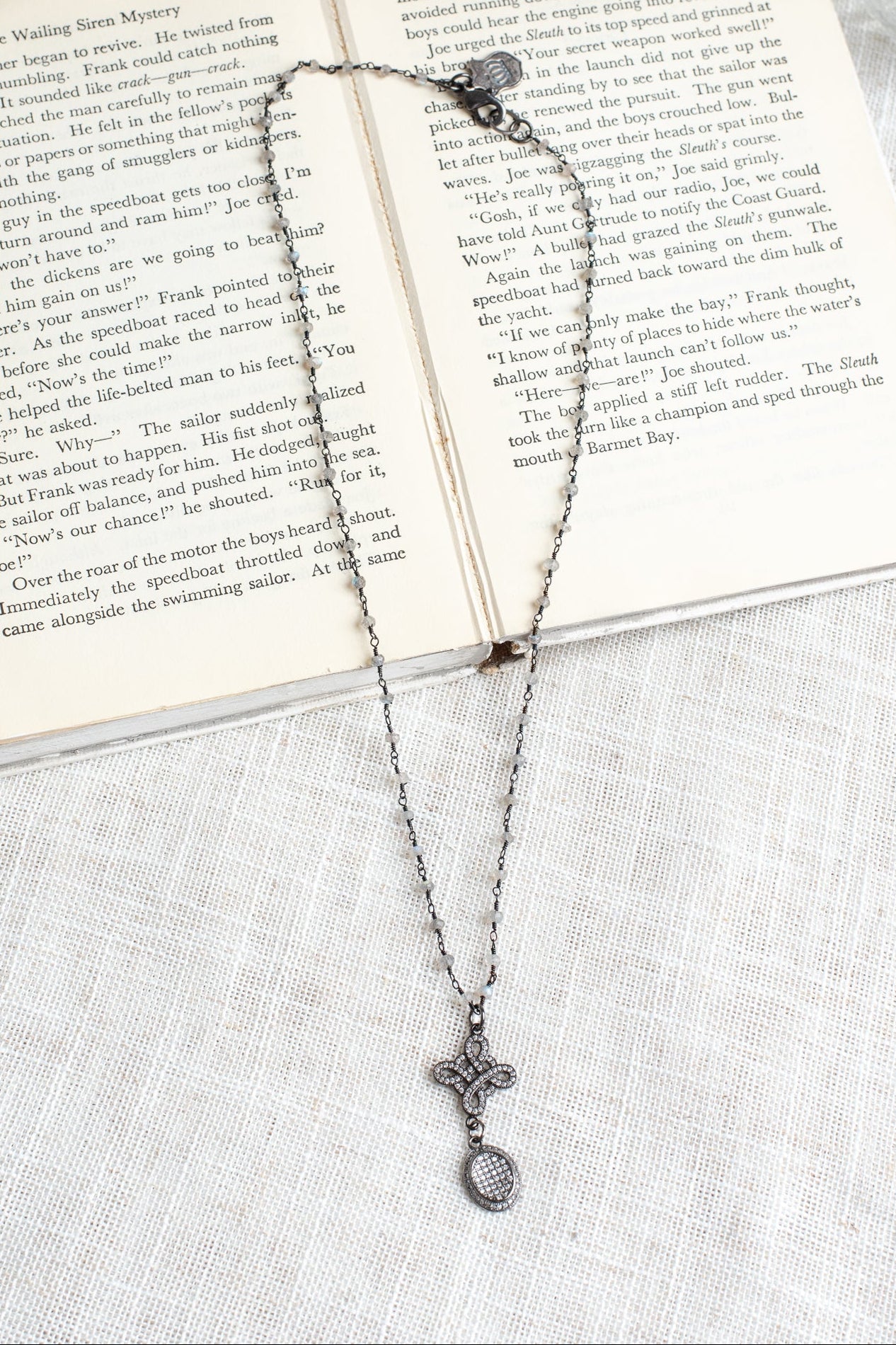 Pave Crystal Knot Cross and Drop Pendant in Gunmetal on Delicate Labradorite Rosary Bead Chain Necklace