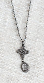 Pave Crystal Knot Cross and Drop Pendant in Gunmetal on Delicate Labradorite Rosary Bead Chain Necklace