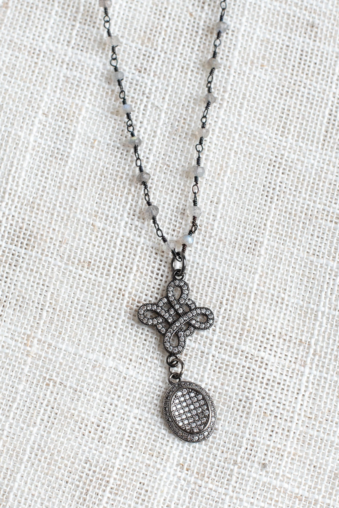 Pave Crystal Knot Cross and Drop Pendant in Gunmetal on Delicate Labradorite Rosary Bead Chain Necklace