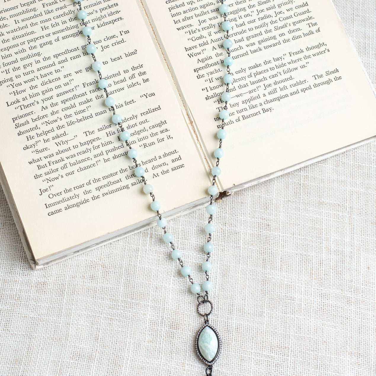 Gunmetal Micro Pave Crystal Christian Cross on an Amazonite Beaded Gunmetal Rosary Chain Necklace