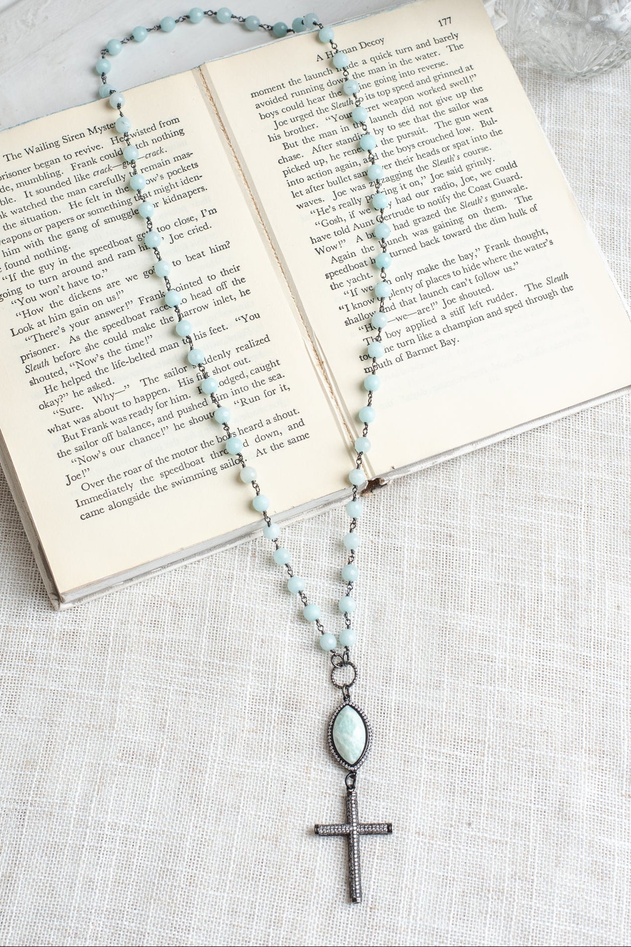 Gunmetal Micro Pave Crystal Christian Cross on an Amazonite Beaded Gunmetal Rosary Chain Necklace