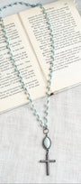 Gunmetal Micro Pave Crystal Christian Cross on an Amazonite Beaded Gunmetal Rosary Chain Necklace