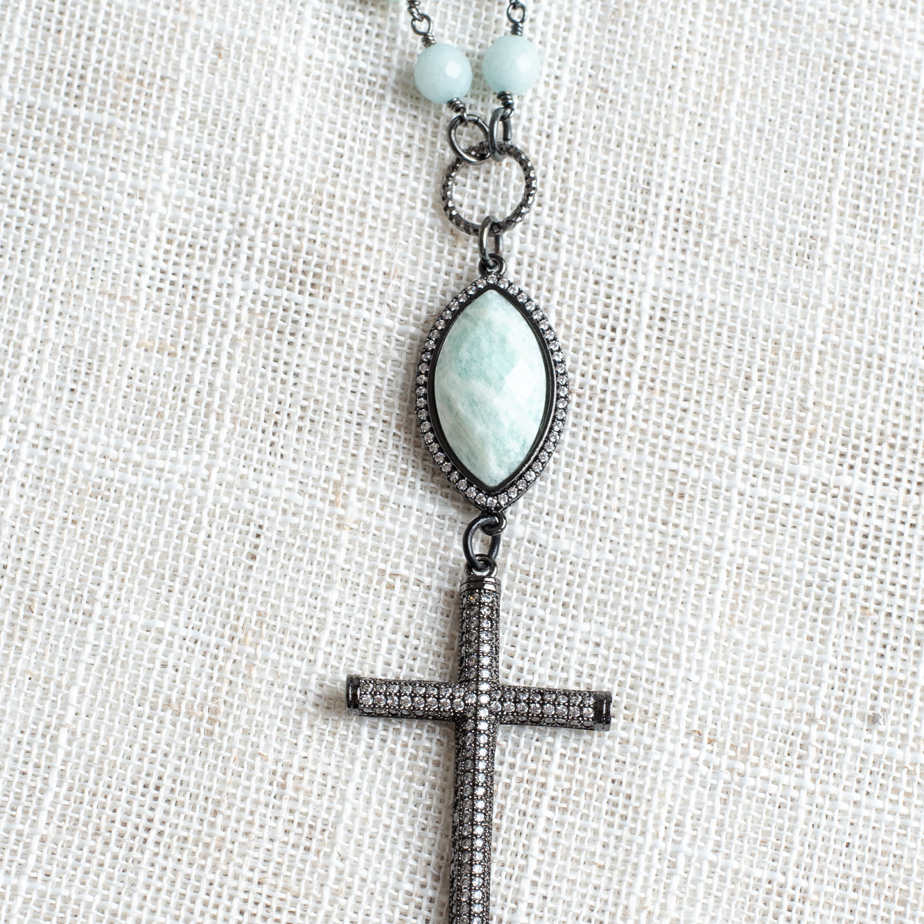 Gunmetal Micro Pave Crystal Cross on an Amazonite Rosary Chain Necklace