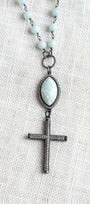 Gunmetal Micro Pave Crystal Cross on an Amazonite Rosary Chain Necklace