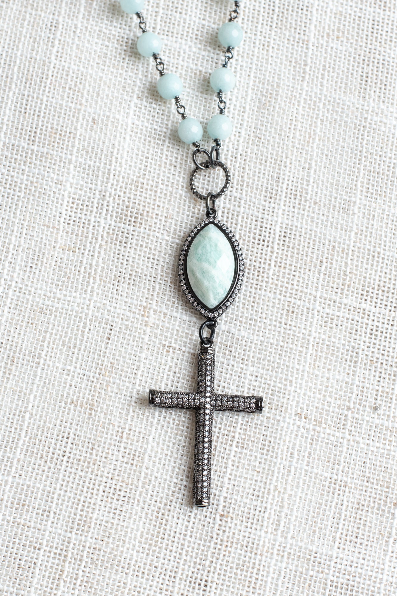 Gunmetal Micro Pave Crystal Christian Cross on an Amazonite Beaded Gunmetal Rosary Chain Necklace