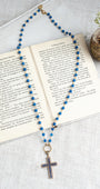 Royal Blue Quartz and White Crystal Turkish Sterling Silver Christian Cross Pendant on a Blue Quartz Rosary Chain Necklace