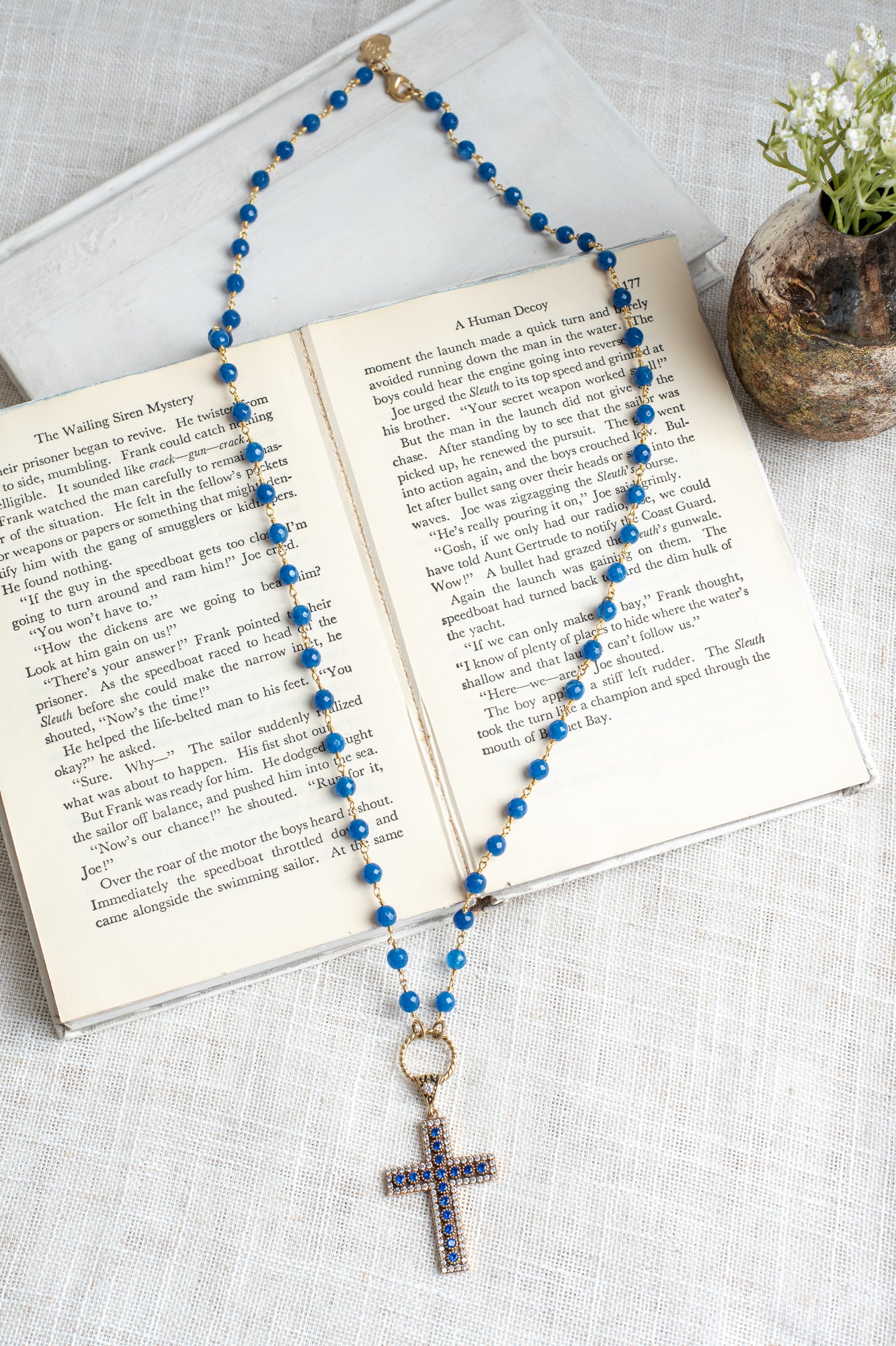 Royal Blue Quartz and White Crystal Turkish Sterling Silver Christian Cross Pendant on a Blue Quartz Rosary Chain Necklace
