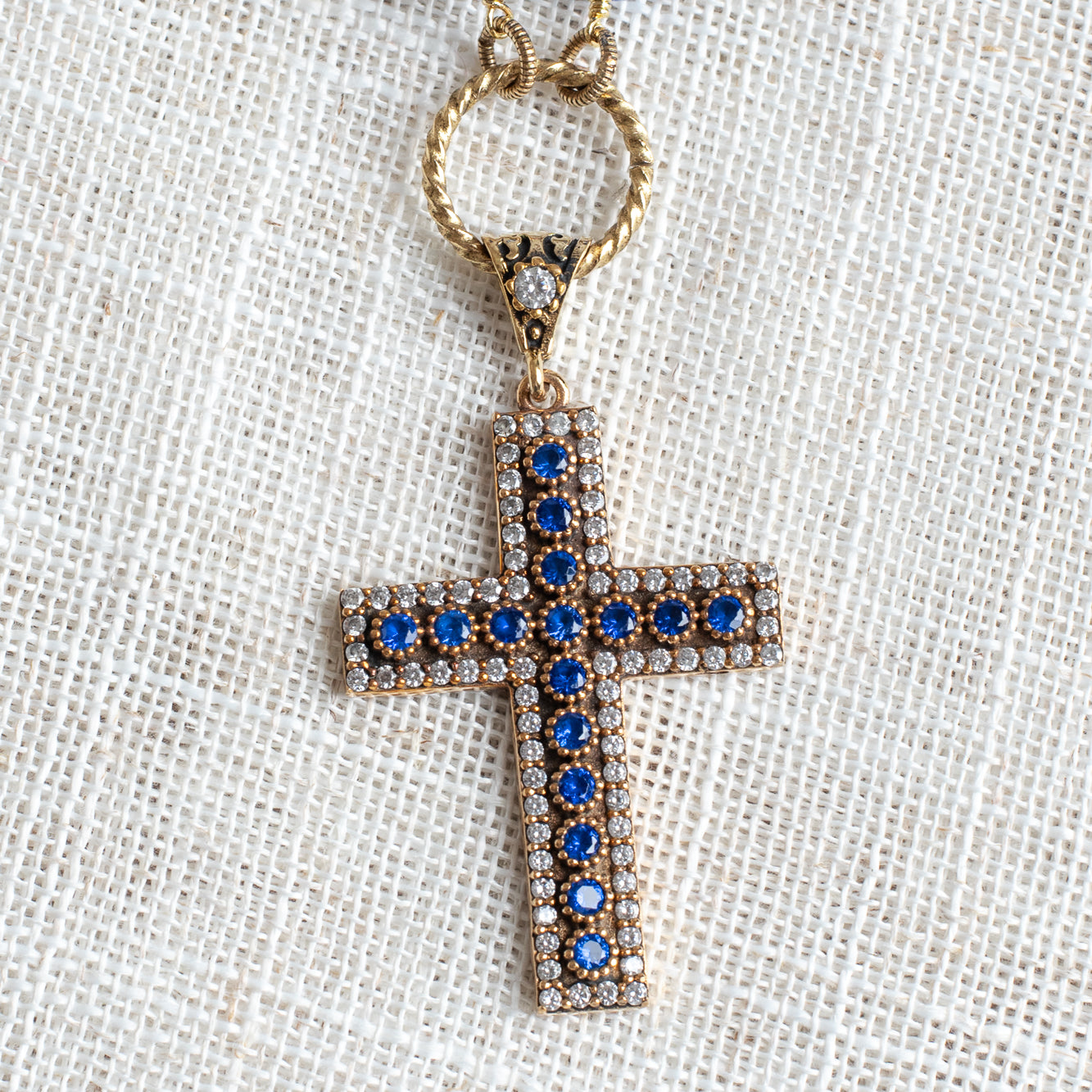 Royal Blue Quartz and White Crystal Turkish Sterling Silver Christian Cross Pendant on a Blue Quartz Rosary Chain Necklace