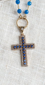 Royal Blue Quartz and White Crystal Turkish Sterling Silver Christian Cross Pendant on a Blue Quartz Rosary Chain Necklace
