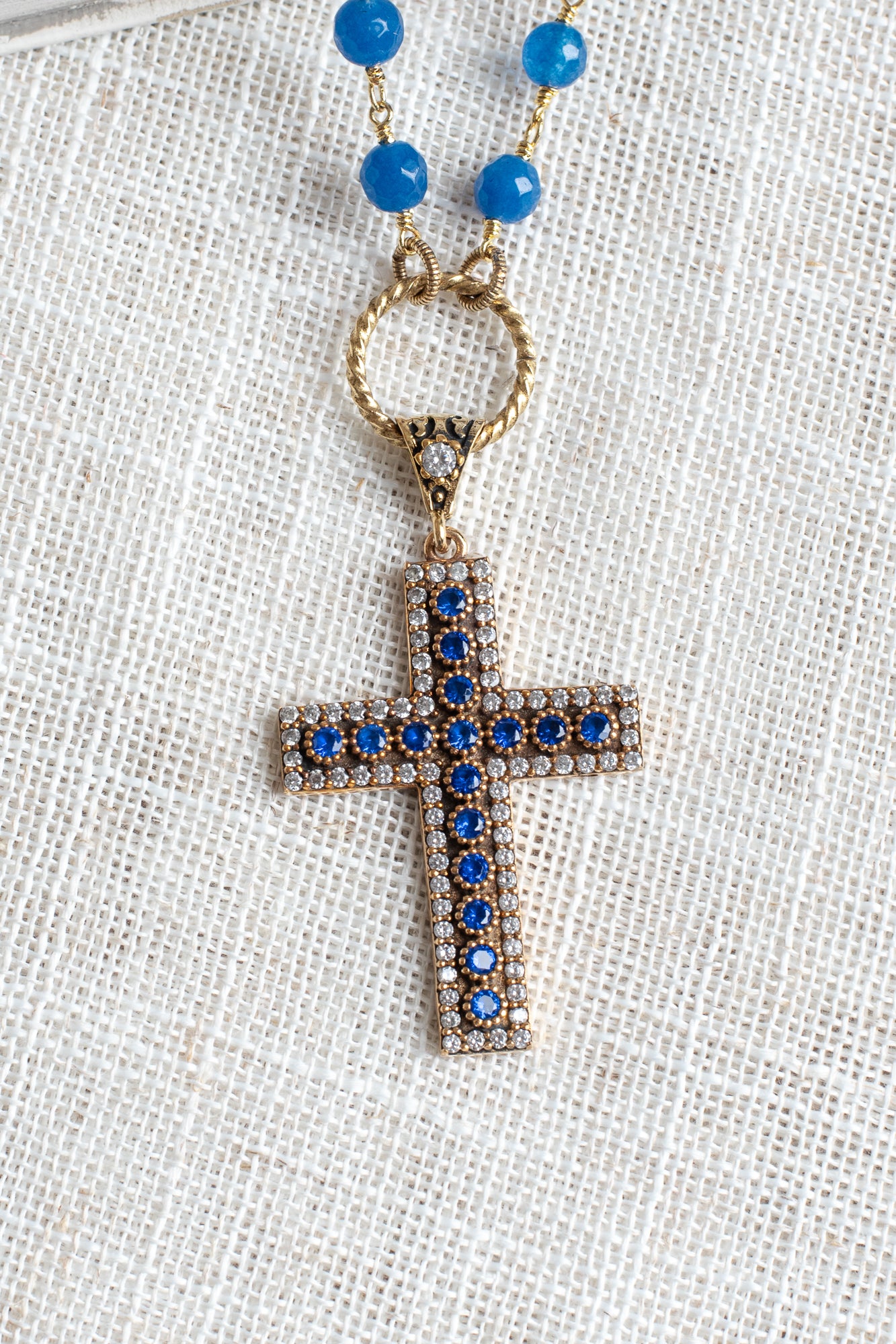 Royal Blue Quartz and White Crystal Turkish Sterling Silver Christian Cross Pendant on a Blue Quartz Rosary Chain Necklace