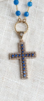 Royal Blue Quartz and White Crystal Turkish Sterling Silver Christian Cross Pendant on a Blue Quartz Rosary Chain Necklace