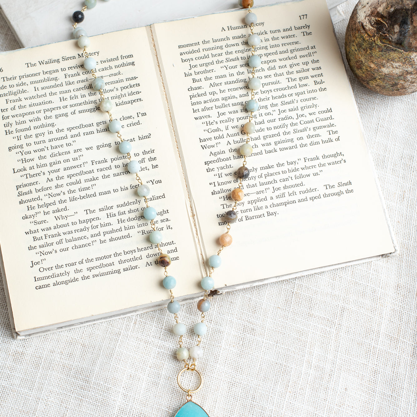 Large Amazonite Faceted Teardrop Pendant on an Amazonite Stone Rosary Chain Necklace