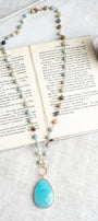 Large Amazonite Faceted Teardrop Pendant on an Amazonite Stone Rosary Chain Necklace
