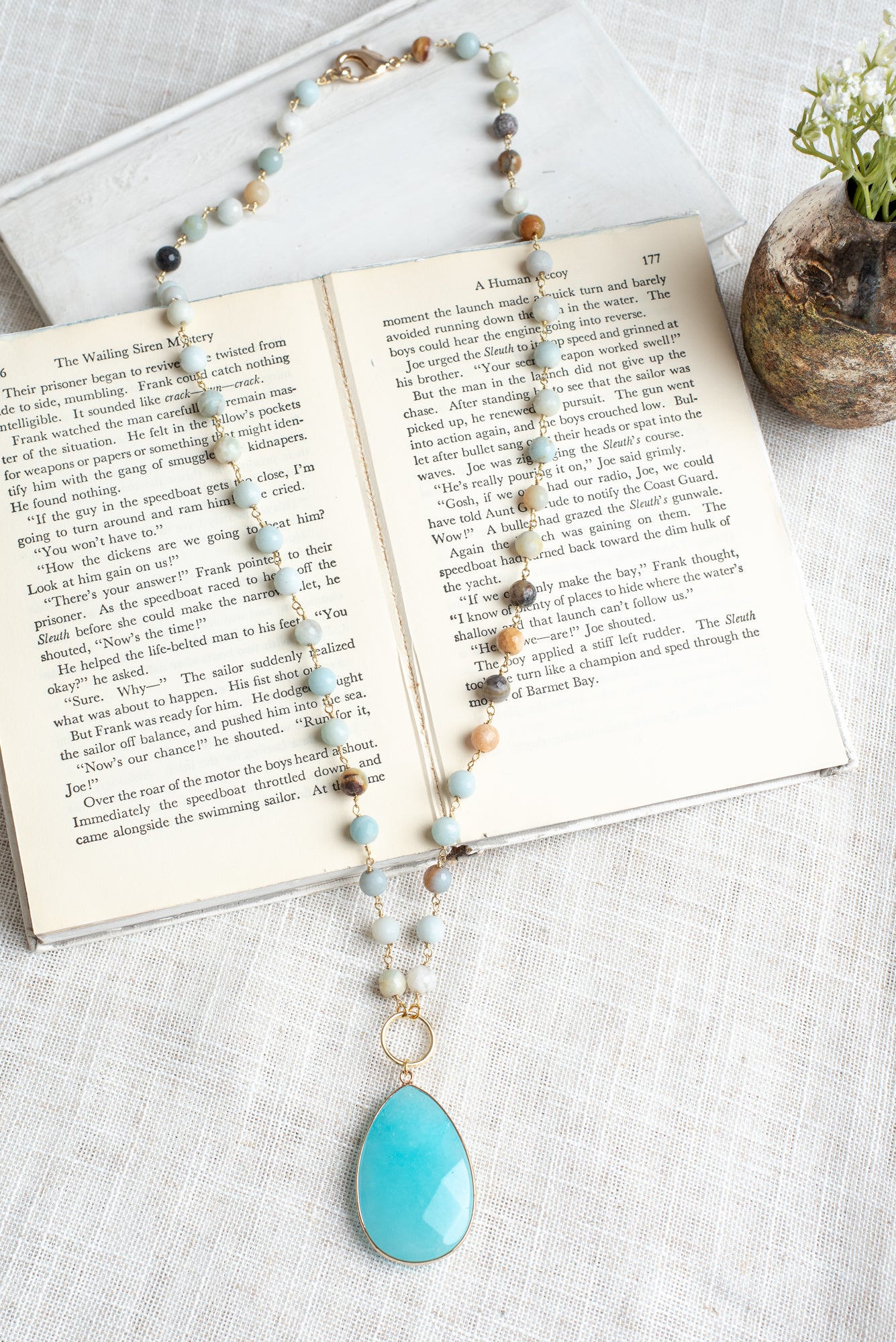 Large Amazonite Faceted Teardrop Pendant on an Amazonite Stone Rosary Chain Necklace