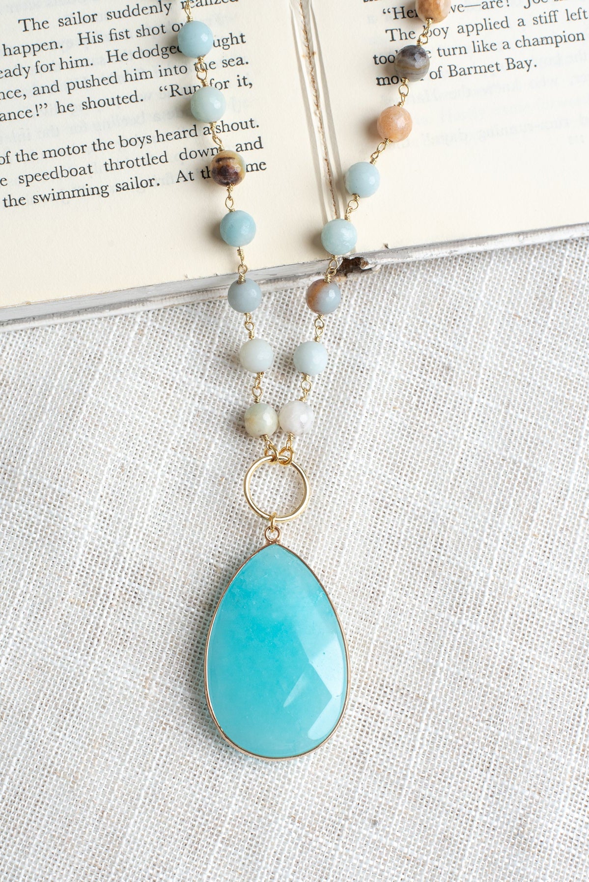 Large Amazonite Faceted Teardrop Pendant on an Amazonite Stone Rosary Chain Necklace