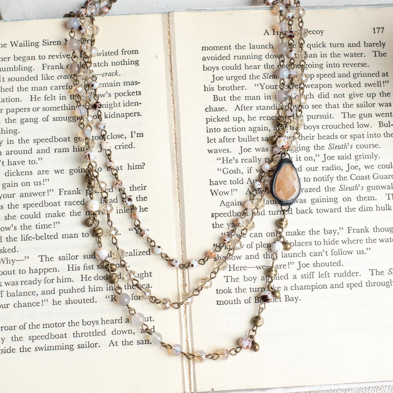 Triple Chain Necklace with Crystal and Stone Beads on Bronzetone Chain