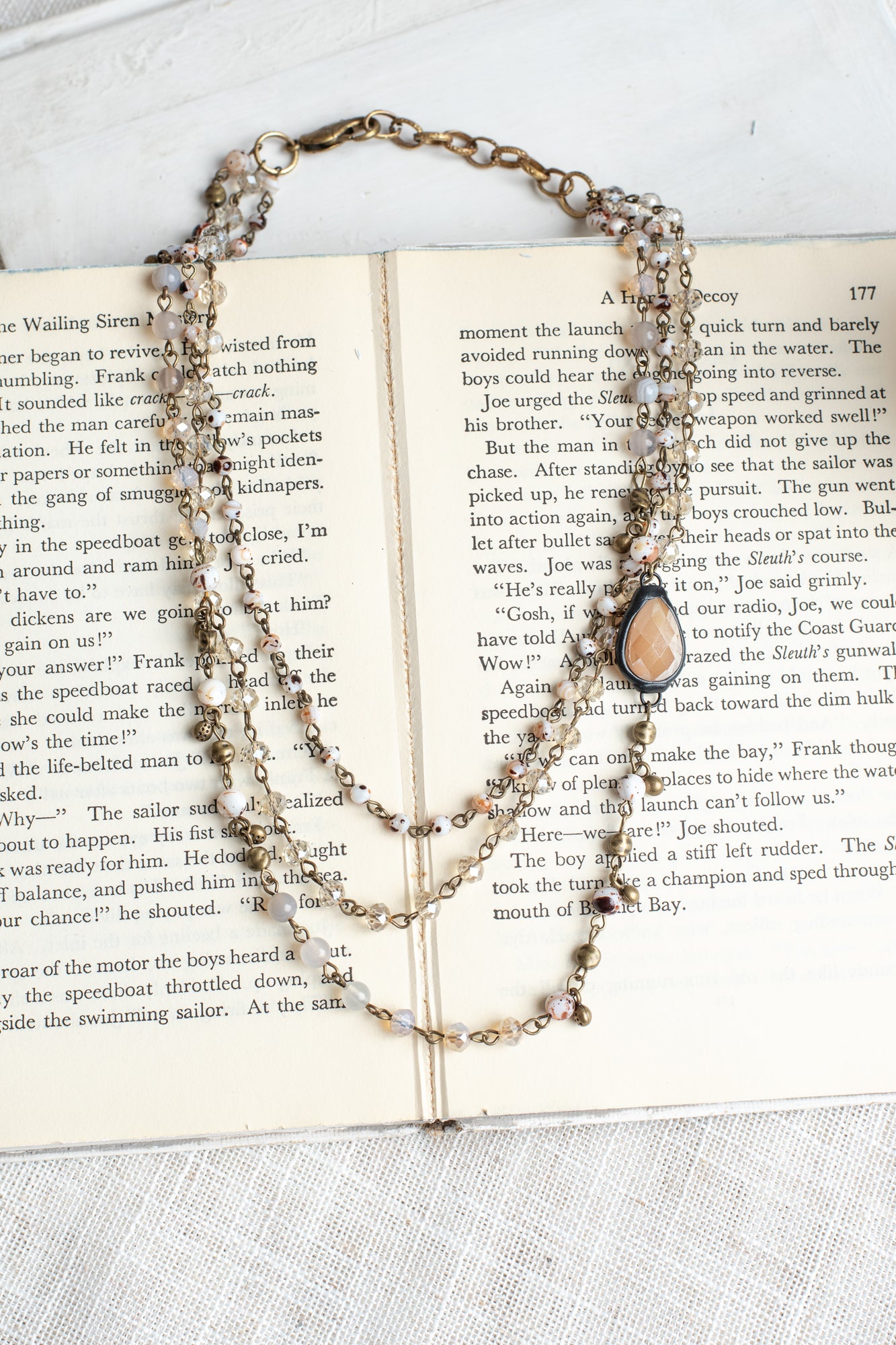 Triple Chain Necklace with Crystal and Stone Beads on Bronzetone Chain