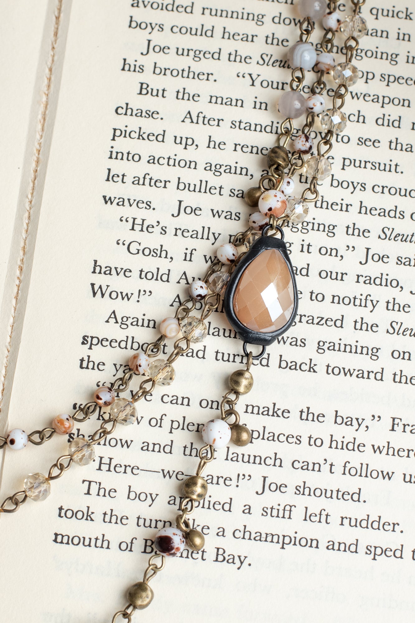 Triple Chain Necklace with Crystal and Stone Beads on Bronzetone Chain