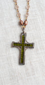 Vintage Reversible Designer "Miracle" Cross from Ireland on Faceted Antique Czech Glass Beaded Necklace