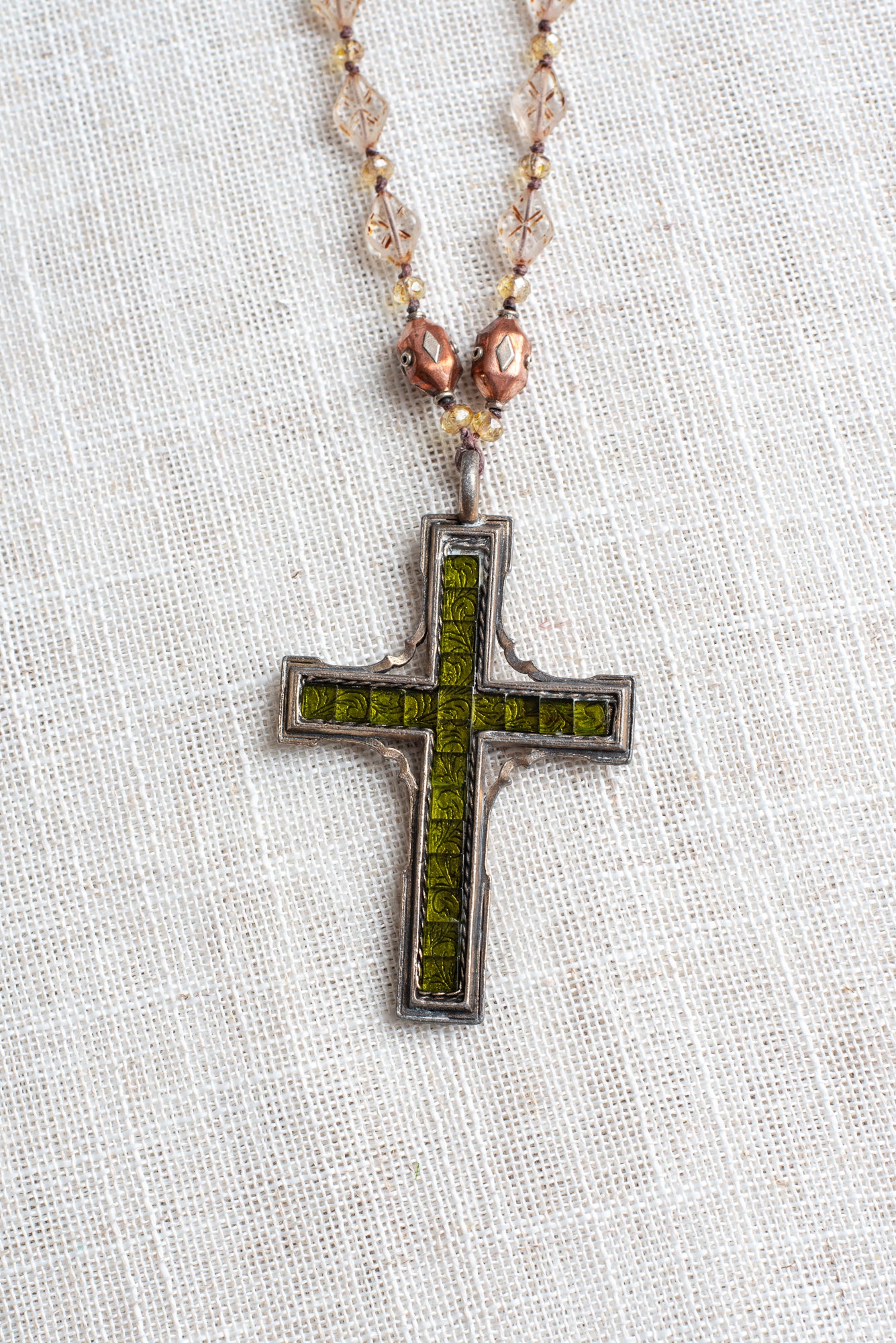 Vintage Reversible Irish Designer "Miracle" Cross on Czech Glass Beaded Necklace