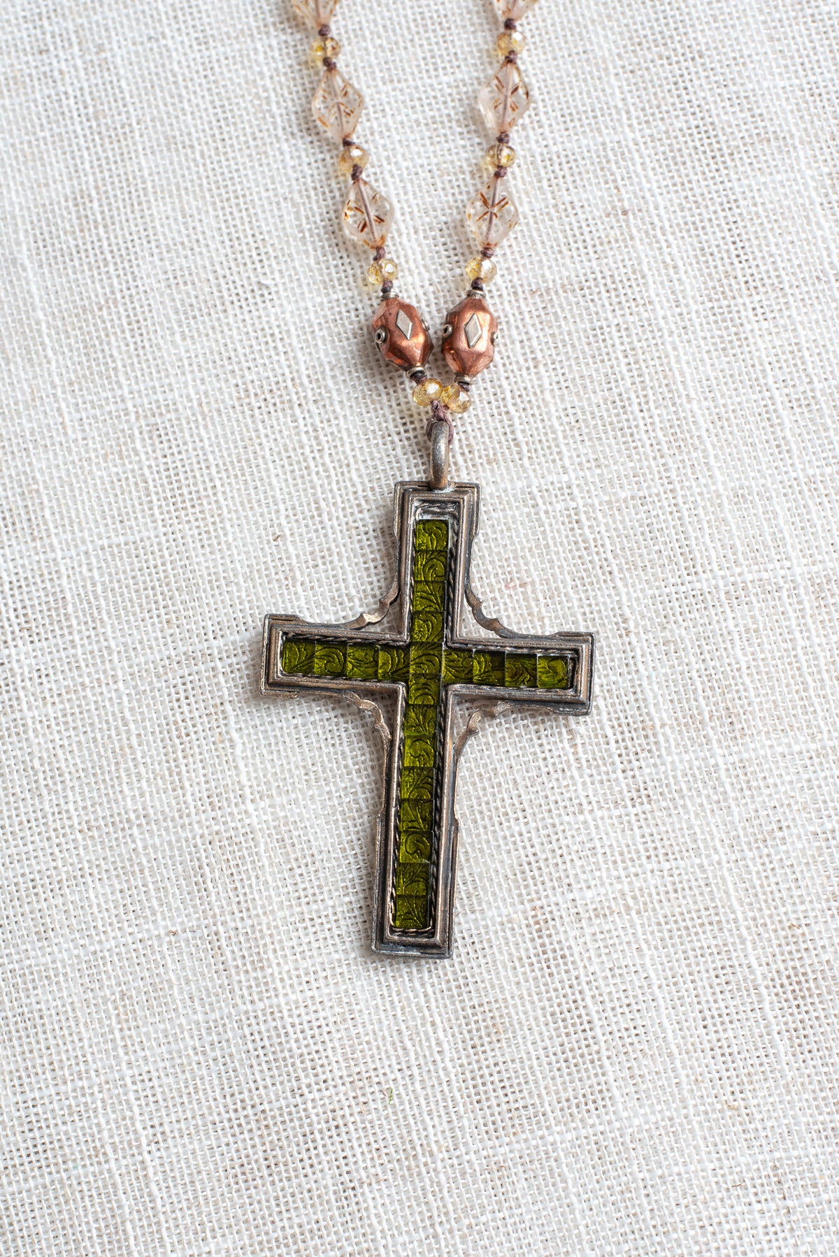 Vintage Reversible Designer "Miracle" Cross from Ireland on Faceted Antique Czech Glass Beaded Necklace