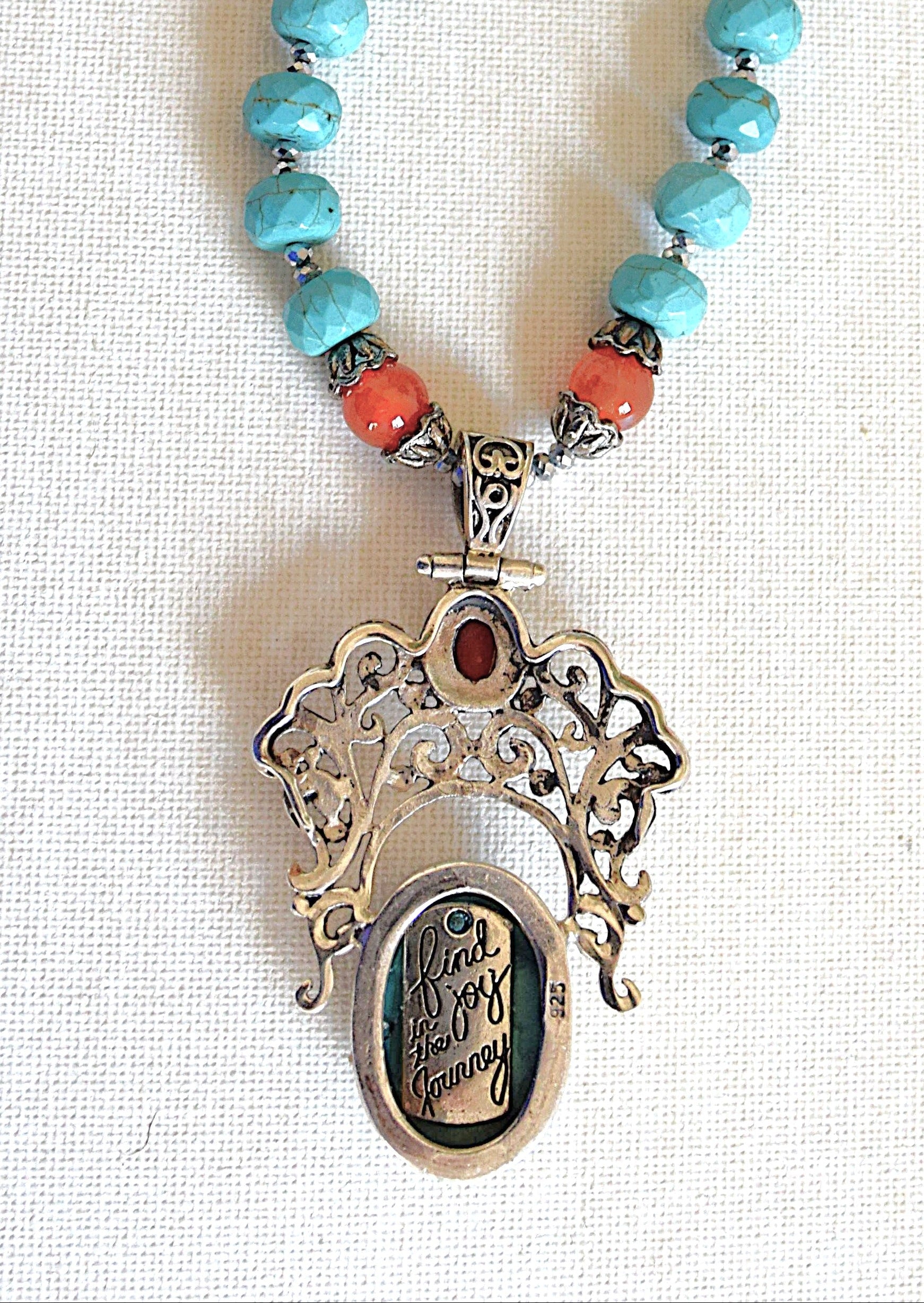 Bold Statement Necklace with Significant Filigree Sterling Silver Turquoise Pendant on a Hand Strung Necklace of Turquoise, Quartz and Carnelian Beads