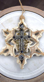 White Washed Wooden Snowflake with Black Cross, Rhinestones and Brass Embellishments Ornament
