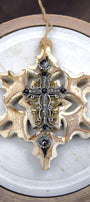 White Washed Wooden Snowflake with Black Cross, Rhinestones and Brass Embellishments Ornament