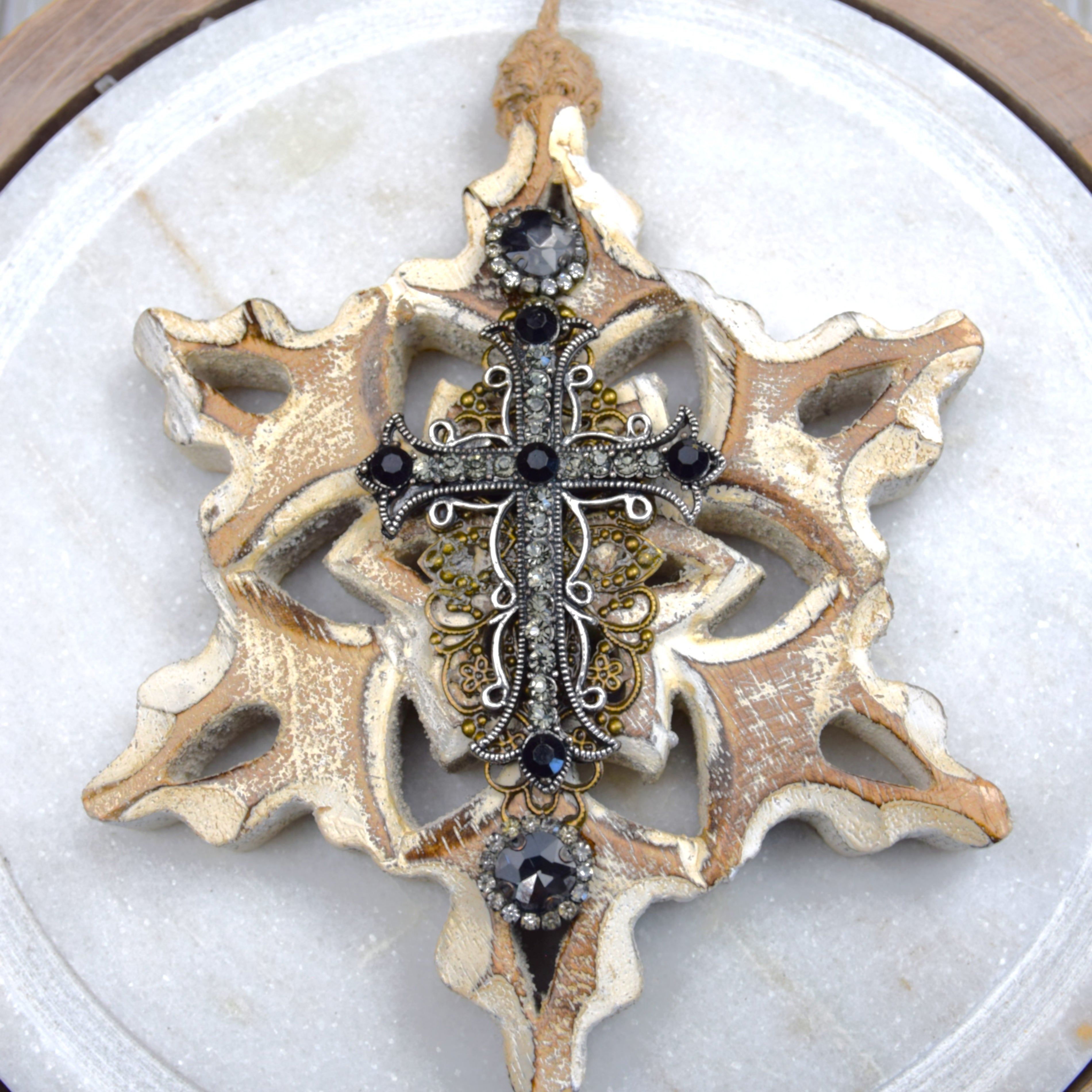 White Washed Wooden Snowflake with Black Cross, Rhinestones and Brass Embellishments Ornament