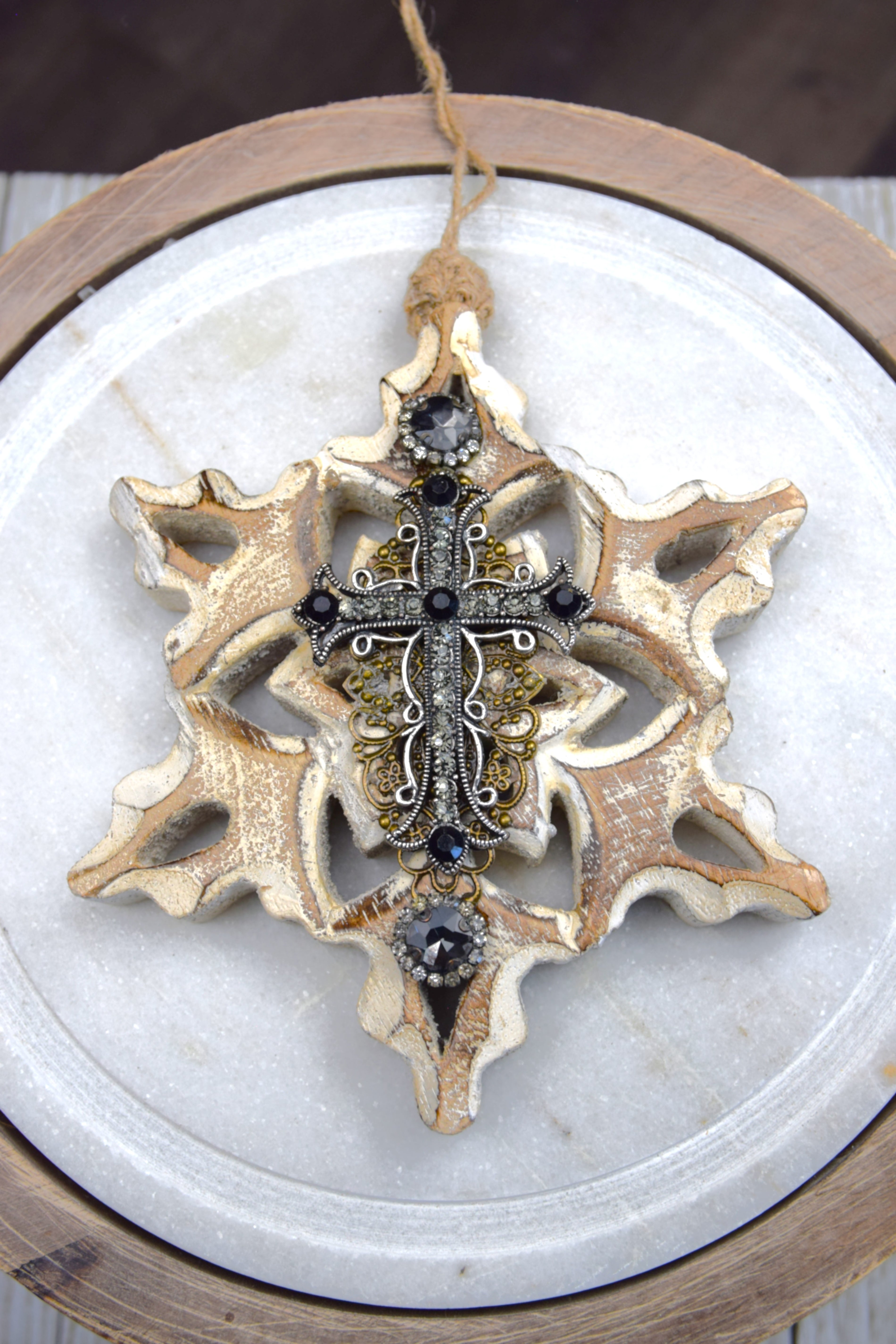White Washed Wooden Snowflake with Black Cross, Rhinestones and Brass Embellishments Ornament
