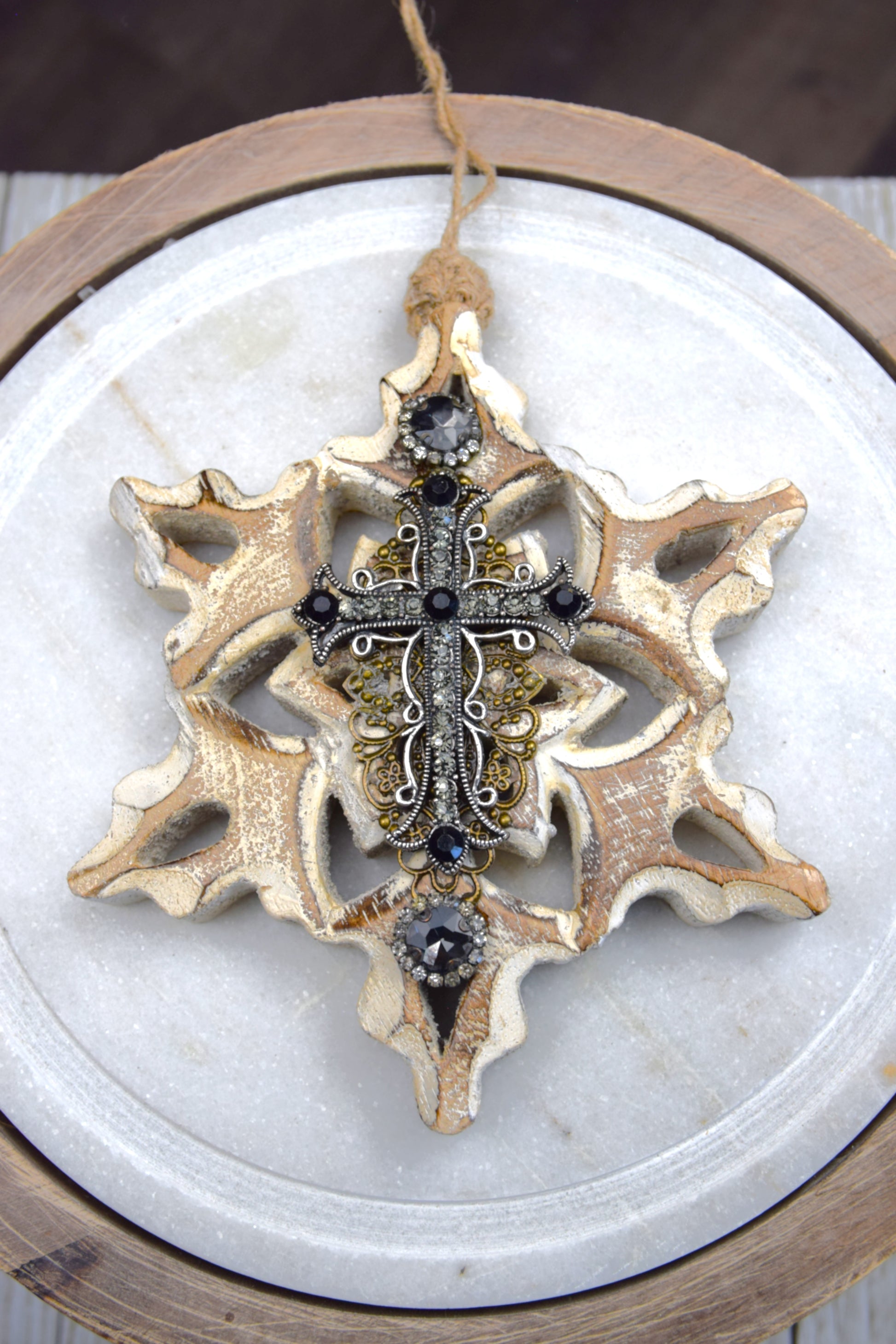 White Washed Wooden Snowflake with Black Cross, Rhinestones and Brass Embellishments Ornament