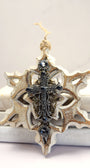 White Washed Wooden Snowflake with Black Cross, Rhinestones and Brass Embellishments Ornament