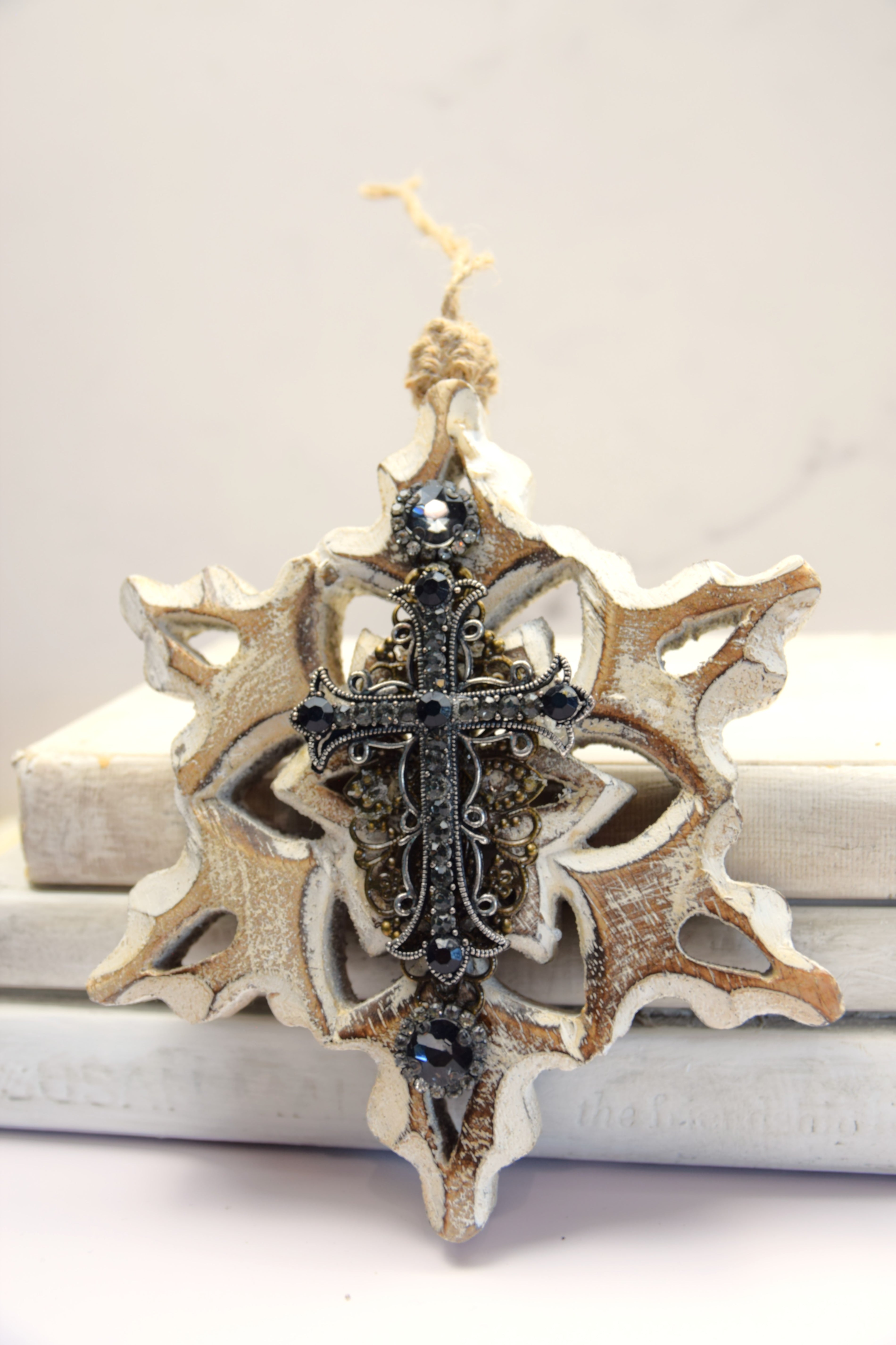 White Washed Wooden Snowflake with Black Cross, Rhinestones and Brass Embellishments Ornament